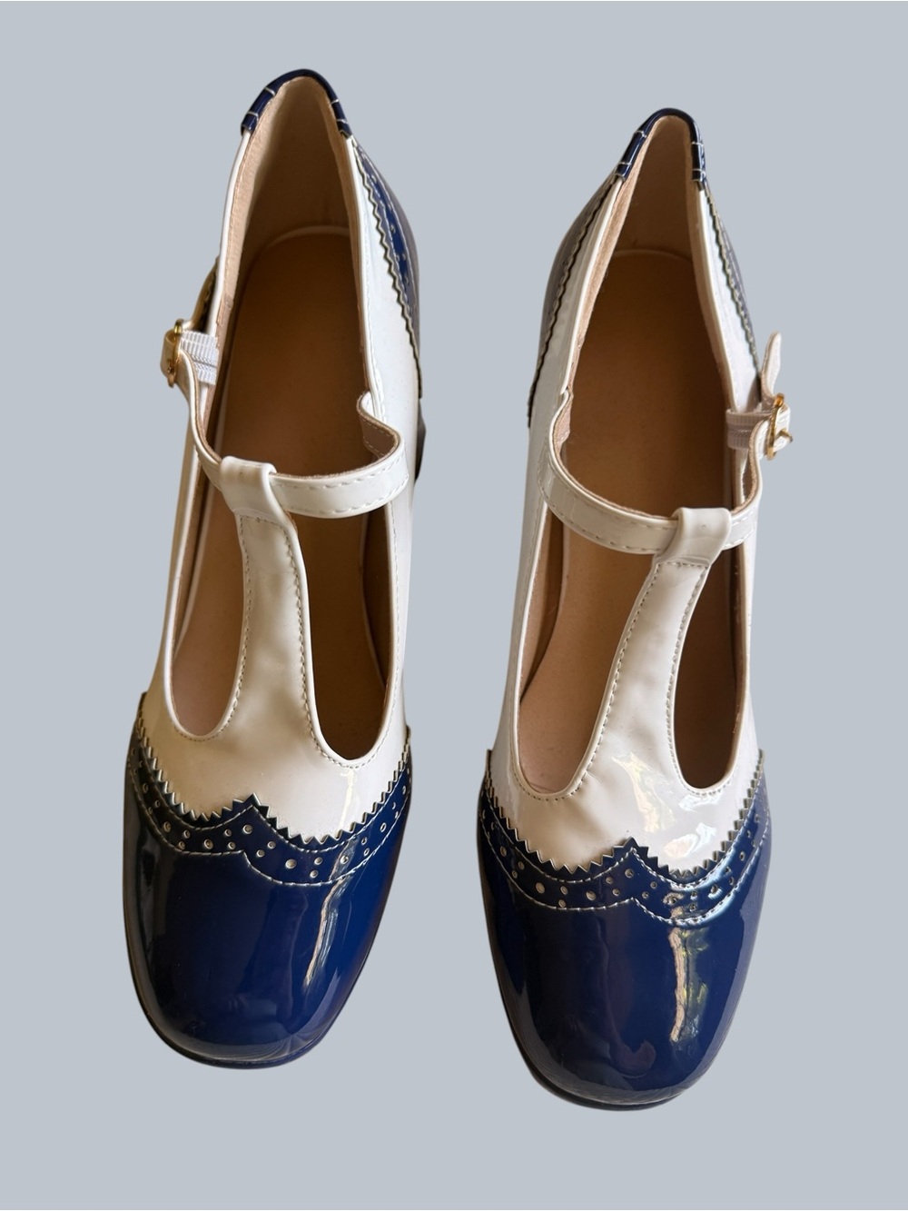 Classic T-Strap Two-Tone Navy and White Pumps NWOT - Picture 2 of 9